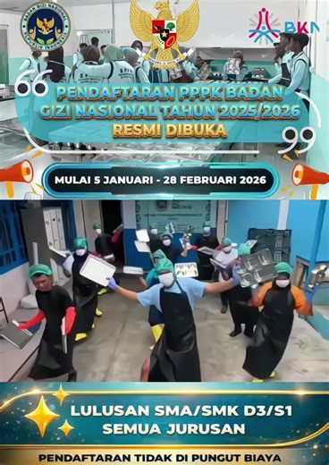 PENGUMUMAN SELEKSI PENERIMAAN PPPK BADAN GIZI NASIONAL 2026 📢 ​📍 Informasi Penting: ​Instansi: Badan Gizi Nasional ​Jenis Seleksi: PPPK (Pegawai Pemerintah dengan Perjanjian Kerja) ​Tahun Anggaran: 2026 ​📋 Persyaratan & Ketentuan: ​Memiliki kompetensi dan komitmen tinggi untuk pembangunan gizi nasional. ​Pastikan Anda membaca seluruh ketentuan dengan teliti sebelum mendaftar agar proses seleksi berjalan lancar. ​Syarat dan ketentuan lengkap tersedia pada file PDF resmi. ​🔗 Cara Pendaftaran: 