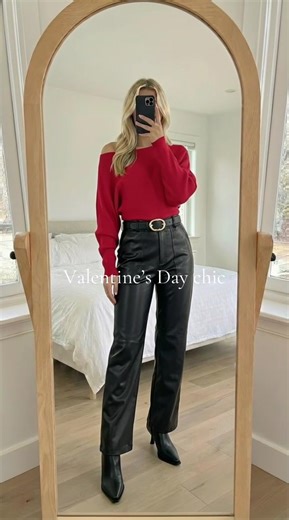 In my ltk Red and black perfection! ❤️🖤 This red off-shoulder sweater is SO chic paired with black trousers! Love the oversized fit, textured knit, and how the off-shoulder neckline adds a feminine touch. The bold red color is perfect for making a statement! Styled it with high-waisted black wide leg trousers, a black belt with gold hardware, and black pointed toe ankle boots for a polished, sophisticated look. This outfit is perfect for date night, holiday parties, Valentine's Day, or any time