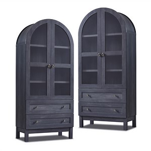Arch Bookshelf with Storage Set of 2, Tall Bookcase with Glass Doors & Drawers