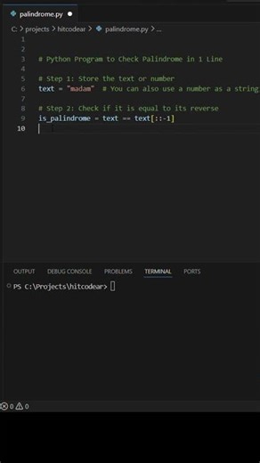 Check Palindrome in Python in 1 Line|Yes/No Output #shorts#hitcodear#python#pythonprogram#palindrome