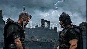 Two serious Caucasian men in ancient Roman warrior costumes in a historical setting. Concept of historical reenactment, ancient culture, and historical warriors