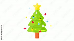 Yule Tree with blinking star animated video, decorated evergreen conifer animation, Party Celebrations footage, Winter Holiday Season Clip, New Year and Christmas motion graphics Stock Video