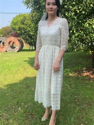 Elegant All Over Retro Lace A Line Tea Length Wedding Dress with 3/4 Sleeves #wedding #weddingdress