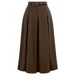 Faux Leather Pleated Belted Midi Skirt in Khaki