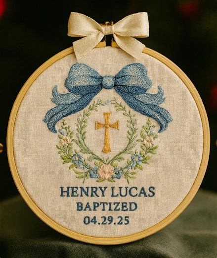 Personalized Baptism Embroidery Hoop, Blue Floral Wreath, Godson Gift - Etsy