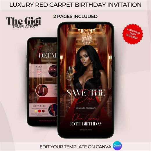 VIP Red Carpet Themed Birthday Party Invitation, Hollywood Birthday Dinner Evite, Luxury Red & Gold Curtains Animated Ecard, Canva Template - Etsy