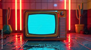 Colorful retro television set with a blue screen in a vibrant room with neon lights and cacti