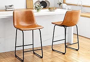 Bar Stools Set of 2, PU Leather Counter Height Bar Stools, 26" Modern Barstools with Metal Legs and Footrest, Urban Armless Dining Chairs with Backrest for Kitchen Island (Brown)