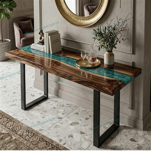 Luxury Metallic Green Epoxy Console Table, Acacia Wood Table, Handmade Custom Furniture - Etsy