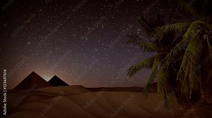 Seamless animation desert sand storm at night with palm trees, shining stars, and pyramids background landscape with sand hills desert in 4k ultra HD