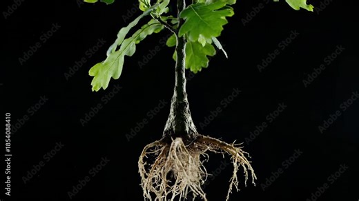 Oak sapling displays exposed roots and green leaves on black. Young tree shows complete root system below trunk. Oak with visible roots grows against dark. Sapling reveals roots and oak leaves.