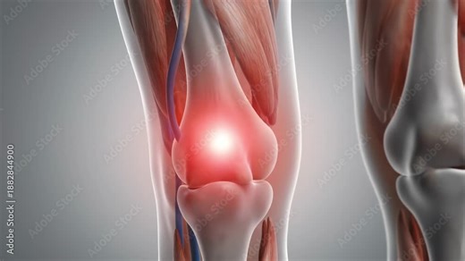 Detailed animation of the female muscular and skeletal systems, focusing on the anatomy of the leg and zooming into the knee joint to highlight sources of pain, injury, and inflammation