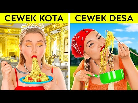 TANTANGAN CEWEK KAMPUNG VS CEWEK KOTA || Situasi Lucu Si Kaya VS Miskin oleh 123 GO! FOOD