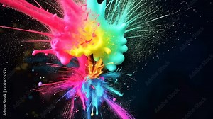 A colorful explosion of paint is shown in the image. The explosion is made up of many different colors, including red, blue, green, and yellow. The colors are scattered all over the image
