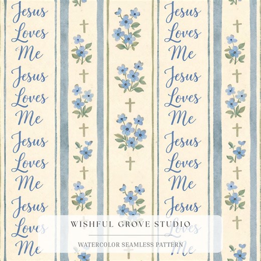 Jesus Loves Me Stripe Pattern | Blue Floral Christian Fabric for Bible Journal & First Communion - Etsy