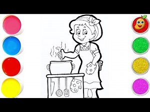 Kitchen Drawing With Mother For Kids || How To Draw A Mother Cooking Easy