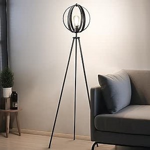 Industrial Tripod Floor Lamp: Rustic Tall Lamp with Metal Rotating Cage Shade & E26 Lamp Base | Mid Century Standing Lamp for Living Room, Bedroom, Office