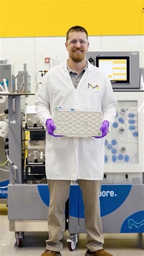 Big impact, micro pores! Meet Natrix CH, a purification device used in drug manufacturing. Inside, a 3D hydrogel membrane traps impurities - helping purify life-saving medicines faster. | MilliporeSigma