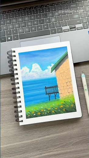 Relaxing Ocean House Drawing 🌊🏡 Oil Pastel Landscape #shorts