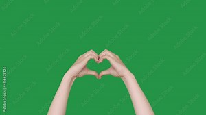 Love gesture. Charity donation. Care support. Female hands showing compassion making beating heart shape isolated on green chroma key empty space background set of 2.