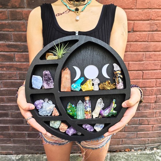 Triple Moon Crystal Shelf: Wooden Witchy Altar, Gothic Room Decor - Etsy