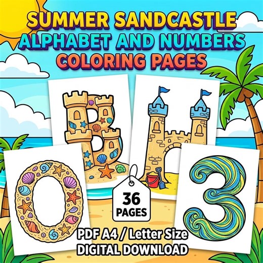 Summer Sandcastle Alphabet Numbers Coloring Pages | Beach Theme Activity (digital Download) - Etsy