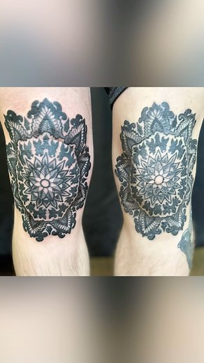 Sacred geometry, kneecap, tattoos by Micah. Hats off to our friend, Ryan who sat through both of these tattoos one week after the other. Shreveport Bossier, be sure to hit us up for all your sacred geometry tattoos. | Red Handed Tattoo Parlor