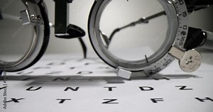 Optometric glasses for measuring visual acuity lie on paper Snellen chart. Medical equipment for checking eyesight waits for patient in doctor office