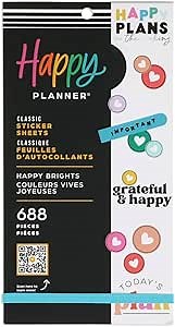 Happy Planner Sticker Pack for Calendars, Journals, and Diary Planners, Multicoloured Scrapbook Accessories, Happy Brights Theme, Classic Size, 30 Sheets, 688 Total Stickers