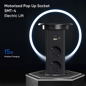 [Hot Item] WiFi Smart Automatic Socket IP54 Wireless Charging Surge Protector Lift Kitchen Pop up Table Socket with Wireless Charger