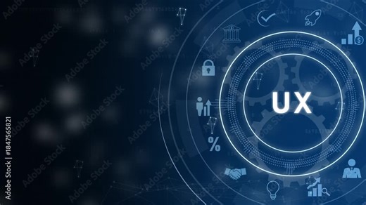 U X user experience design process flowchart icons connecting to global network and business growth concepts on digital with gears background