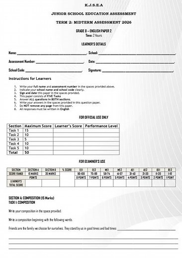 Grade 8 English Paper 2 Mid Term 2 2026 Exam