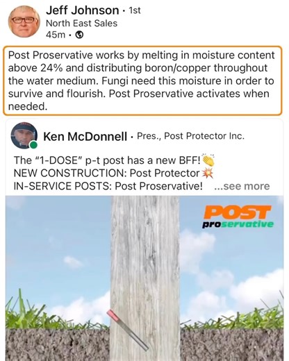 This guy has been using this exact technology to MAXIMIZE utility pole service life for 25 years.💯RE-TREAT In-Service posts like the PROs!🤯NEW CONSTRUCTION: Post Protector💥IN-SERVICE POSTS: Post Proservative!🔥 “ALL P-T posts WILL lose resistance to DECAY. Decay is a gradual deterioration CAUSED by Soil-Dwelling Fungi & other low forms of plant life” -USDA- SOIL-CONTACT introduces DECAY-FUNGI SEPARATE WOOD from SOIL-CONTACT! It’s THAT simple... & who doesn’t like SIMPLE?! POST PROTECTOR simpl