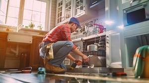 Download A plumber is repairing a leak under the sink. Man wearing work clothes with equipment Beautiful kitchen with modern interior for free