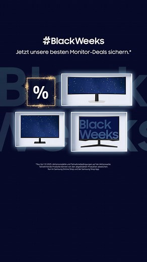 103K views | Sichere dir spielend leicht ausgewählte #BlackWeeks Monitor-Deals und gönne dir dein Gaming-Upgrade.* *Nur bis 1.12.2025. Aktionsmodelle und Teilnahmebedingungen auf der Aktionsseite. Teilnehmende Produkte können von den abgebildeten Produkten abweichen. Nur im Samsung Online Shop und der Samsung Shop App. | Samsung | Facebook