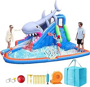SLOOSH Inflatable Water Slide Park for Kids Backyard - 6 in 1 Blow Up Water Park Slides with Splash Pool, Bounce House, Basketball Hoop, Water Cannon & 450W Blower | Outdoor Kids Water Slide Party Fun