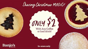 Go to your closest Banjo's and enjoy a Christmas Tart for only $2 with any coffee or Iced drink! ​​​​​​​Our festive favourites are handmade with love to add that extra sparkle to your ✨​​​​​​​holiday season✨ Discover our handmade with love Christmas range in-store or on the Banjo's App today! | Banjo's Bakery Cafe