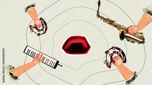 Human hands holding different music instruments over light background. Banner. Stop motion, animation. Concept of music festival, show, talents, surrealism, creativity and inspiration