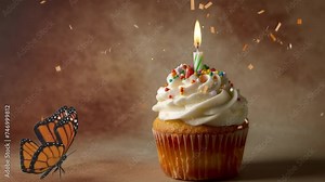 delicious birthday cupcake with candle on brown background. simple cupcake background with space for text. seamless looping overlay 4k virtual video animation background