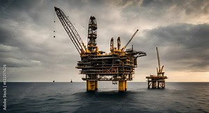 Engineers overseeing construction of an offshore oil rig in the sea. Concept Offshore Oil Rig, Construction Engineers, Sea Environment, Structural Integrity, Safety Measures