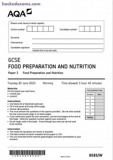 AQA GCSE Food Preparation and Nutrition Paper 1 June 2023
