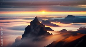 Mountain Sunrise: A breathtaking view of the sun rising over mist-covered mountains, painting the sky with vibrant colors