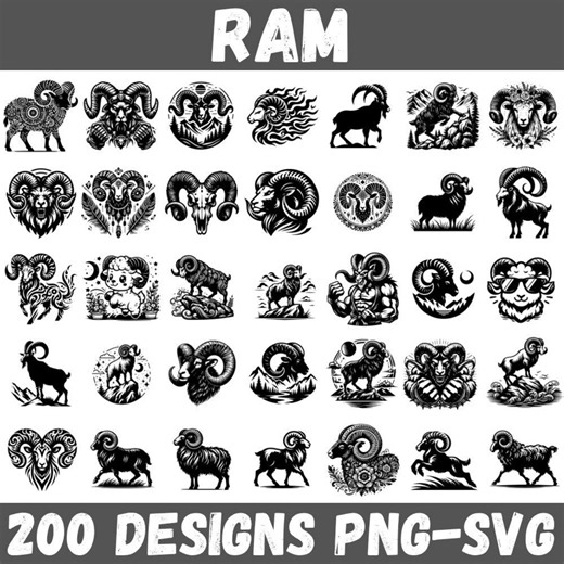 200 Ram SVG PNG Bundle | Ram Head Tattoo Designs | Wild Goat Silhouette Vector Set | Horned Animal Line Art Files for Cricut and Sublimation - Etsy