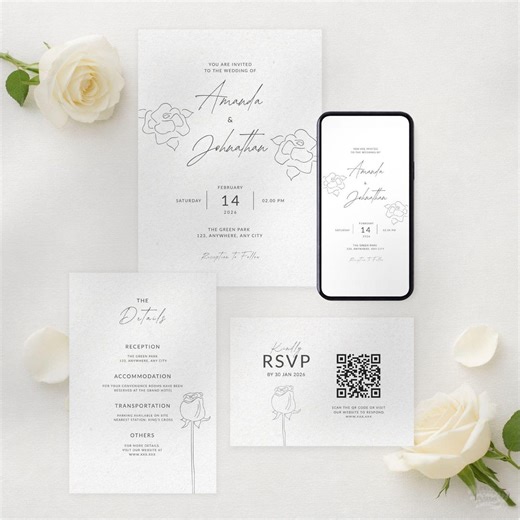 Hand Drawn English Rose Wedding Invitation Suite| Wedding Invitation Suite | Canva Editable Minimal Wedding Invite Set | Printable & Digital - Etsy