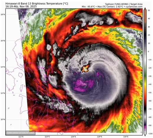 JUST IN: The US Joint Typhoon WarnIng Center (JTWC) has upgraded #FungWong (PH: #UwanPH) to a Category 3 major typhoon, with 1-min winds of 110 kts (~205 km/h) near the center and a central pressure of 949 hPa. A big jump of pressure from 970 hPa – six hours ago! This is a clear sign of the ongoing rapid intensification (RI) phase. When converted to 10-min winds, it would be around 175 km/h, nearly aligned with PAGASA's current wind intensity. Lower pressure = more intense / stronger Note: JTWC 