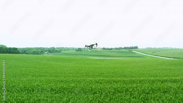 flying drone footage show an agricultural drone spraying chemicals over a lush green field. This video showcases the precision and efficiency of modern agricultural technology in crop management.