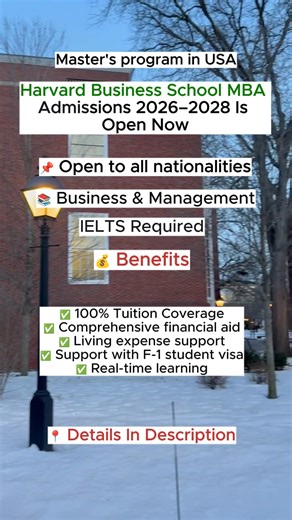 🎓 Harvard Business School MBA Admissions 2026–2028 🌍 Dreaming of an Ivy League MBA experience? Harvard Business School offers one of the most prestigious MBA programs in the world — designed for leaders ready to make a global impact. ✅ Elite Business Education ✅ Access to HBS’s Global Network ✅ Unmatched Career Opportunities 📍 Host: Harvard Business School, USA 📅 Round 1 Deadline: September 4, 2025 🔗 Apply Now: https://www.rfr.bz/f500a64 #scholarship #scholarships #mba #harvard #hbs #usa #b