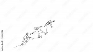 Self drawing animation of single line draw male and female team member stick together follow their leader who holds flag to reach top of the hill. Teamwork. Continuous line draw. Full length animated