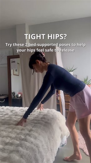 Lara Anstey | Qualified Yoga Teacher on Instagram: "TIGHT HIPS? Before you stretch harder, try adding support. Tight hips aren’t always about short muscles. Very often, they’re a sign of a nervous system that’s been holding, bracing, or doing too much for too long. These 2 simple, bed-supported poses help the hips feel safe enough to soften. By elevating and supporting the body, we reduce load through the pelvis and low back, allowing tension to unwind without forcing range. This kind of gentle 