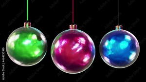 Realistic looping 3D animation of three hanging spinning vintage Christmas balls rendered in UHD with alpha matte